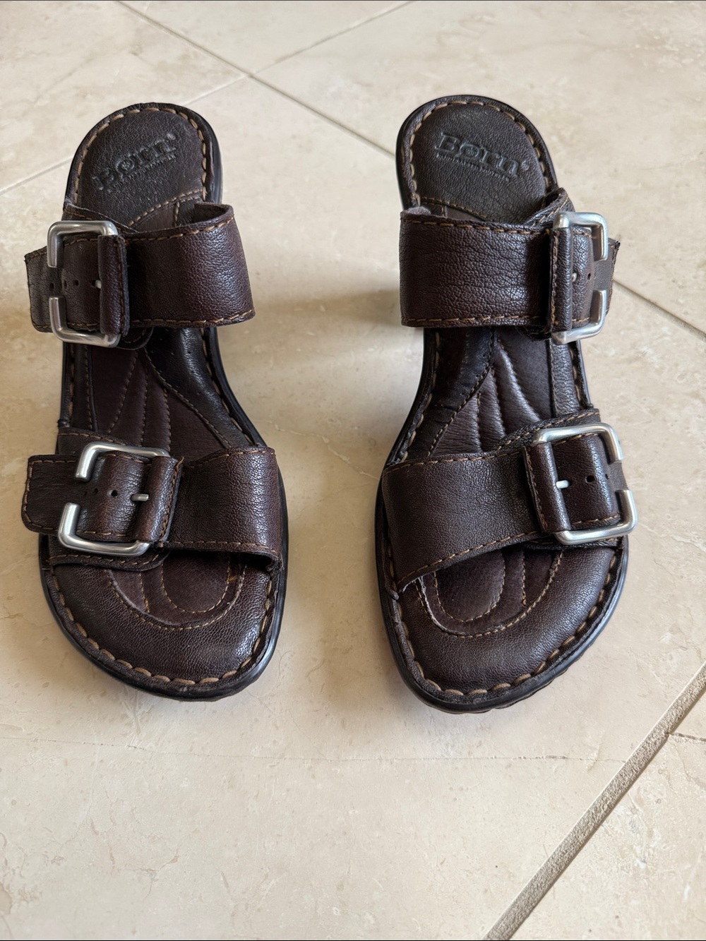 Born Brown Double-Buckle Leather Slide Sandals